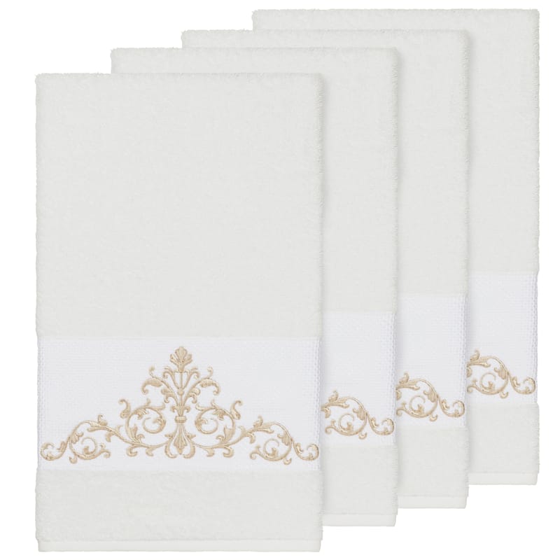 Authentic Hotel and Spa White Turkish Cotton Scrollwork Embroidered Bath Towels (Set of 4)