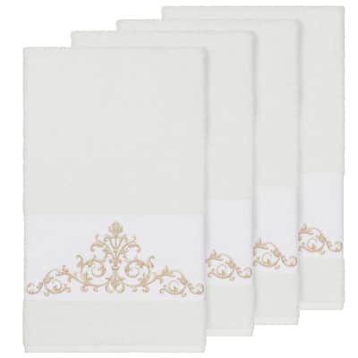Authentic Hotel and Spa White Turkish Cotton Scrollwork Embroidered Bath Towels (Set of 4)