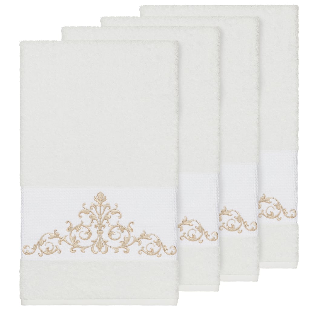 Authentic Hotel and Spa White Turkish Cotton Scrollwork Embroidered Bath Towels (Set of 4)