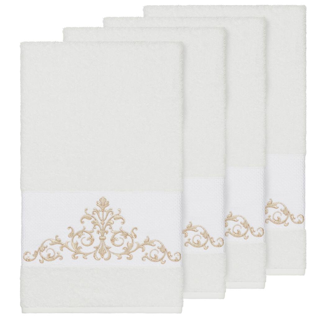 Authentic Hotel and Spa White Turkish Cotton Scrollwork Embroidered Bath Towels (Set of 4)
