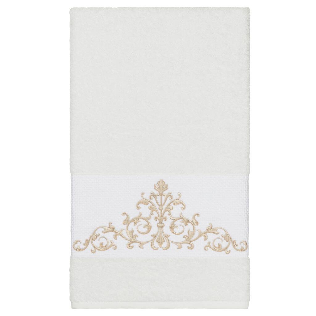 Authentic Hotel and Spa White Turkish Cotton Scrollwork Embroidered Bath Towel
