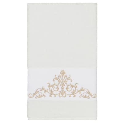 Authentic Hotel and Spa White Turkish Cotton Scrollwork Embroidered Bath Towel