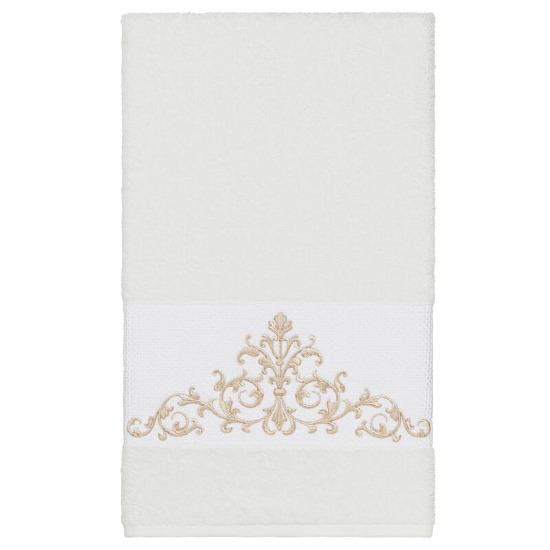 Authentic Hotel and Spa White Turkish Cotton Scrollwork Embroidered Bath Towel - White