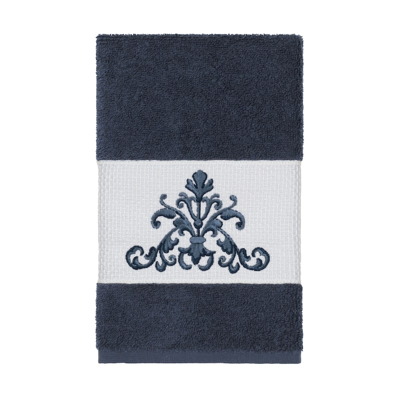 Authentic Hotel and Spa Midnight Blue Turkish Cotton Scrollwork Embroidered Hand Towel