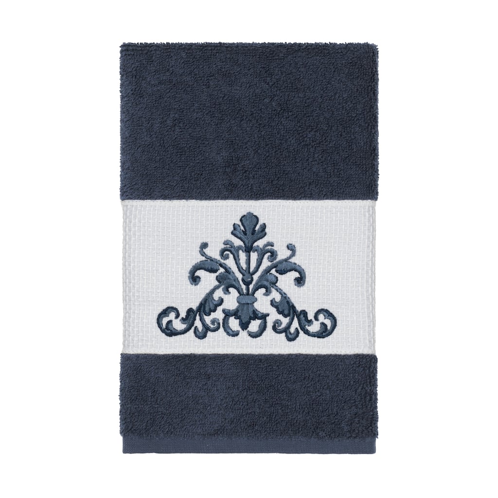 Authentic Hotel and Spa Midnight Blue Turkish Cotton Scrollwork Embroidered Hand Towel