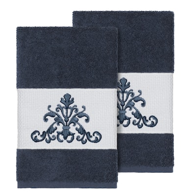 Authentic Hotel and Spa Midnight Blue Turkish Cotton Scrollwork Embroidered Hand Towels (Set of 2)