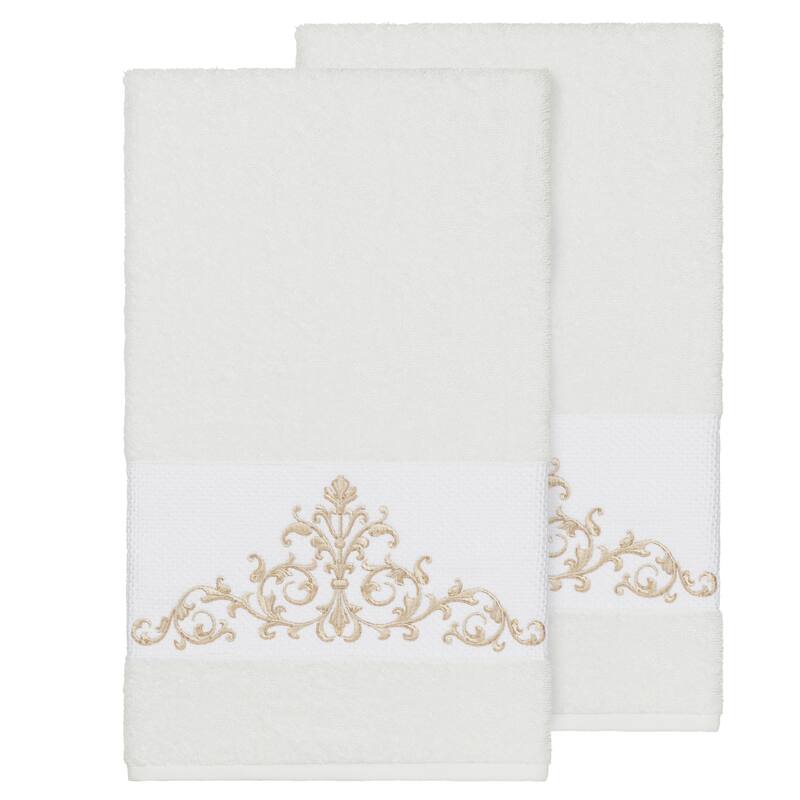 Authentic Hotel and Spa White Turkish Cotton Scrollwork Embroidered Bath Towels (Set of 2)