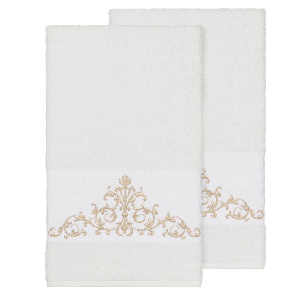 Authentic Hotel and Spa White Turkish Cotton Scrollwork Embroidered Bath Towels (Set of 2)