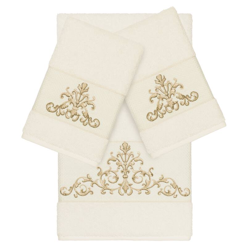 Authentic Hotel and Spa Cream Turkish Cotton Scrollwork Embroidered 3 piece Towel Set