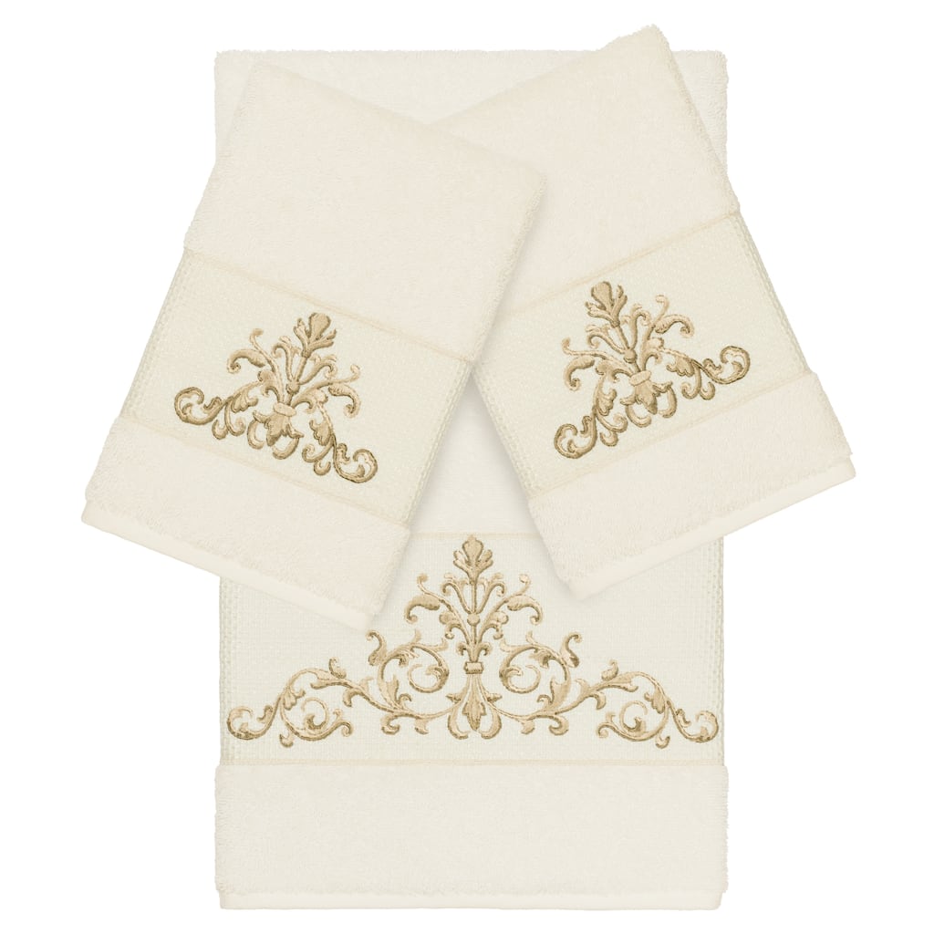 Authentic Hotel and Spa Cream Turkish Cotton Scrollwork Embroidered 3 piece Towel Set