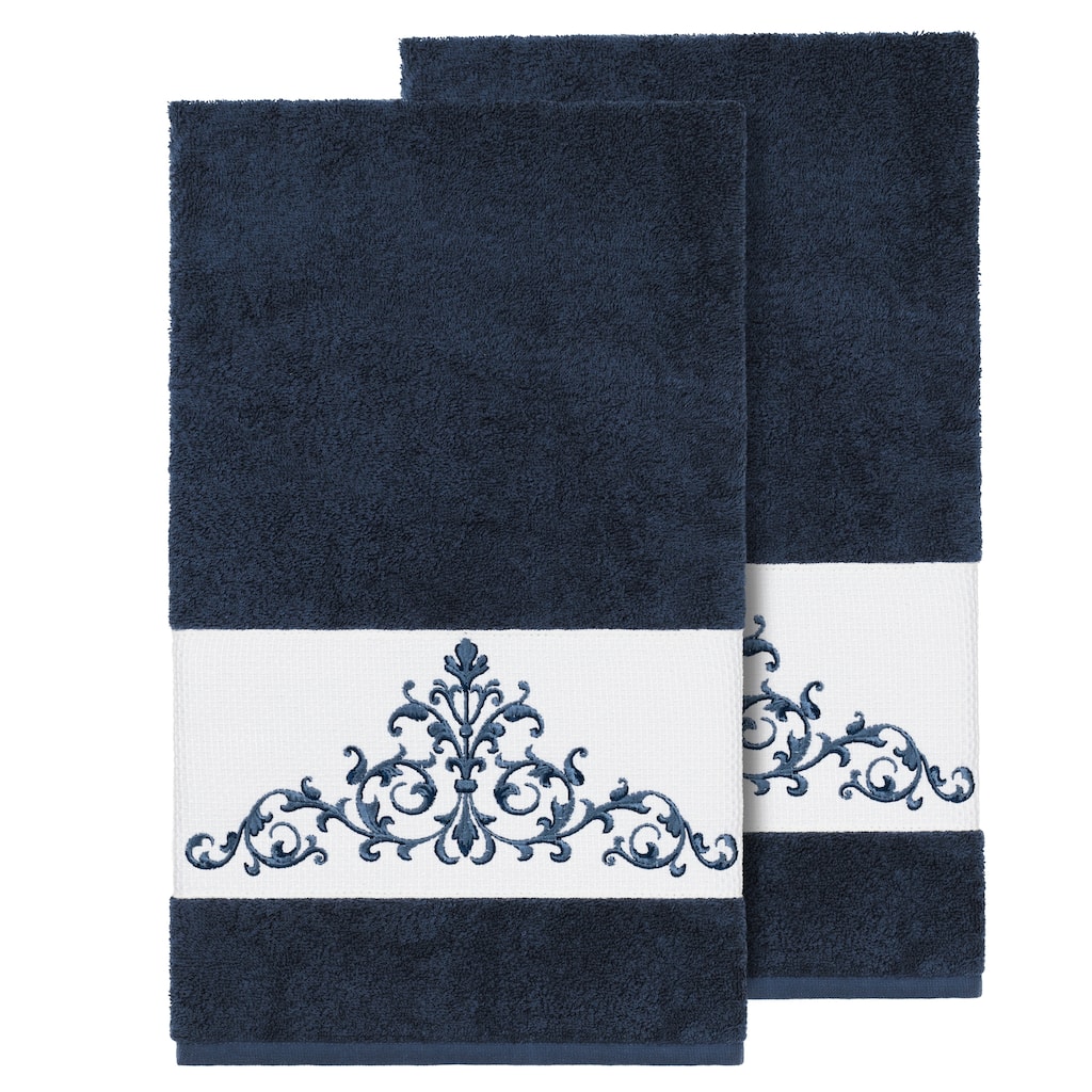 Authentic Hotel and Spa Midnight Blue Turkish Cotton Scrollwork Embroidered Bath Towels (Set of 2)
