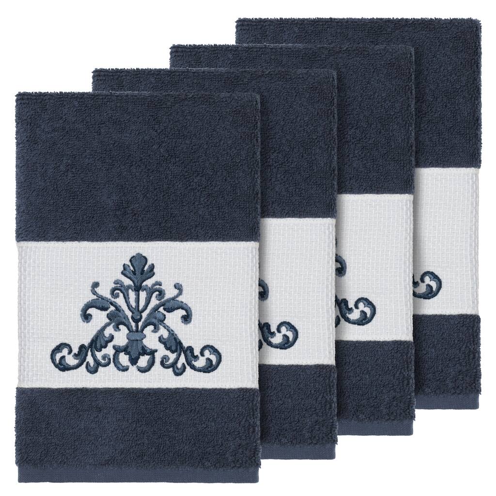 Authentic Hotel and Spa Midnight Blue Turkish Cotton Scrollwork Embroidered Hand Towels (Set of 4)