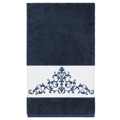 Authentic Hotel and Spa Midnight Blue Turkish Cotton Scrollwork Embroidered Bath Towel