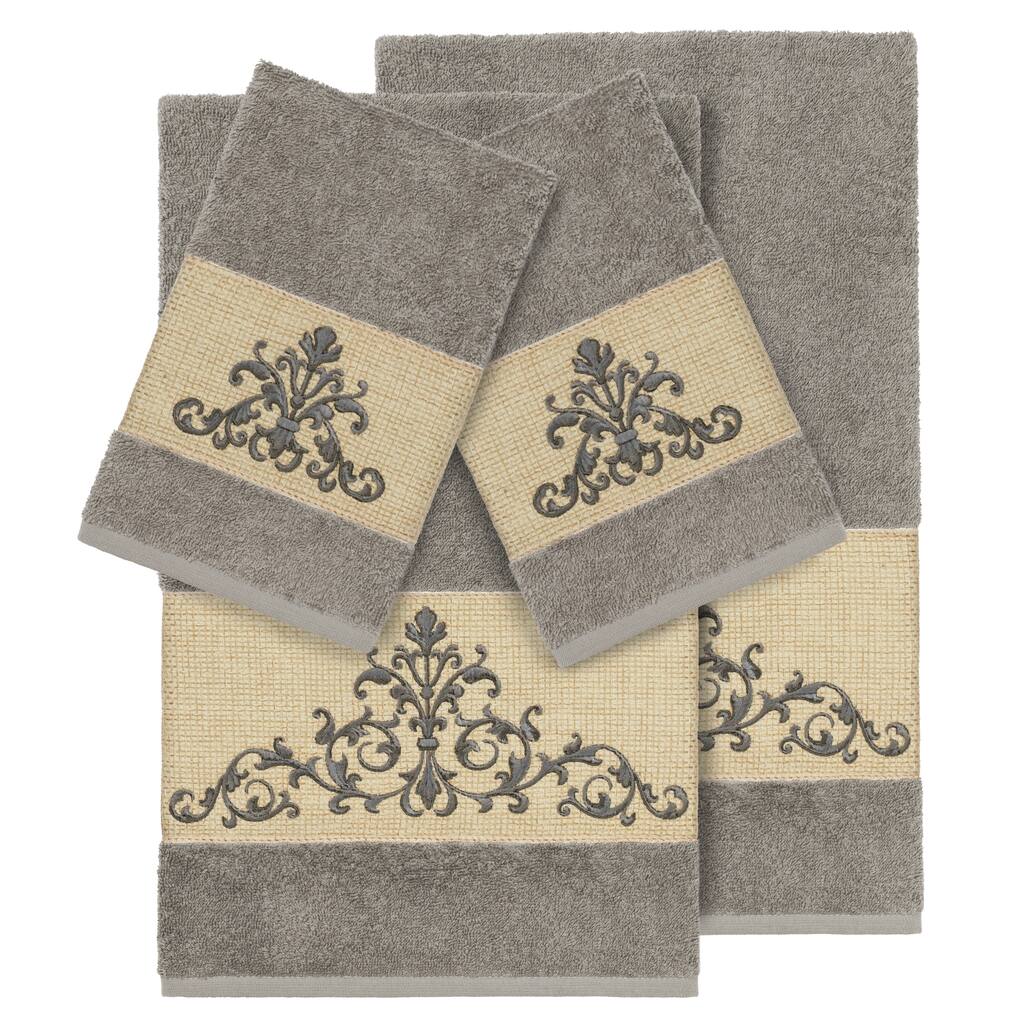 Authentic Hotel and Spa Grey Turkish Cotton Scrollwork Embroidered 4 piece Towel Set