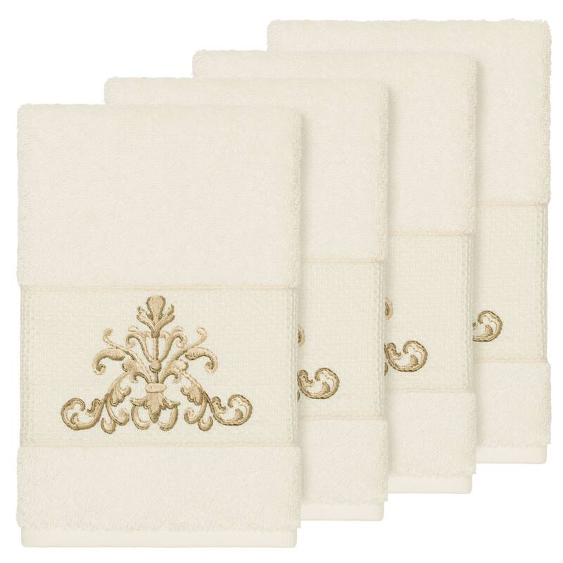 Authentic Hotel and Spa Cream Turkish Cotton Scrollwork Embroidered Hand Towels (Set of 4)
