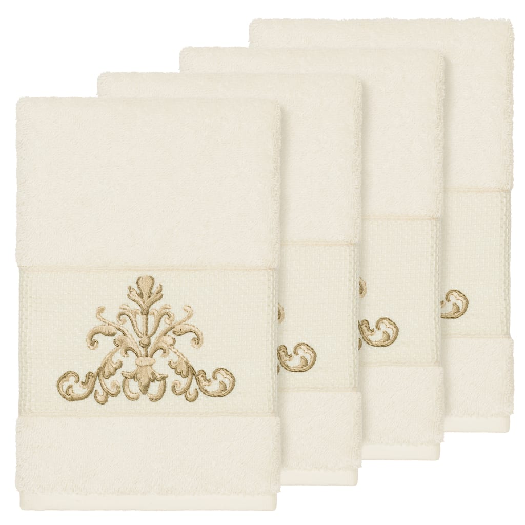 Authentic Hotel and Spa Cream Turkish Cotton Scrollwork Embroidered Hand Towels (Set of 4)