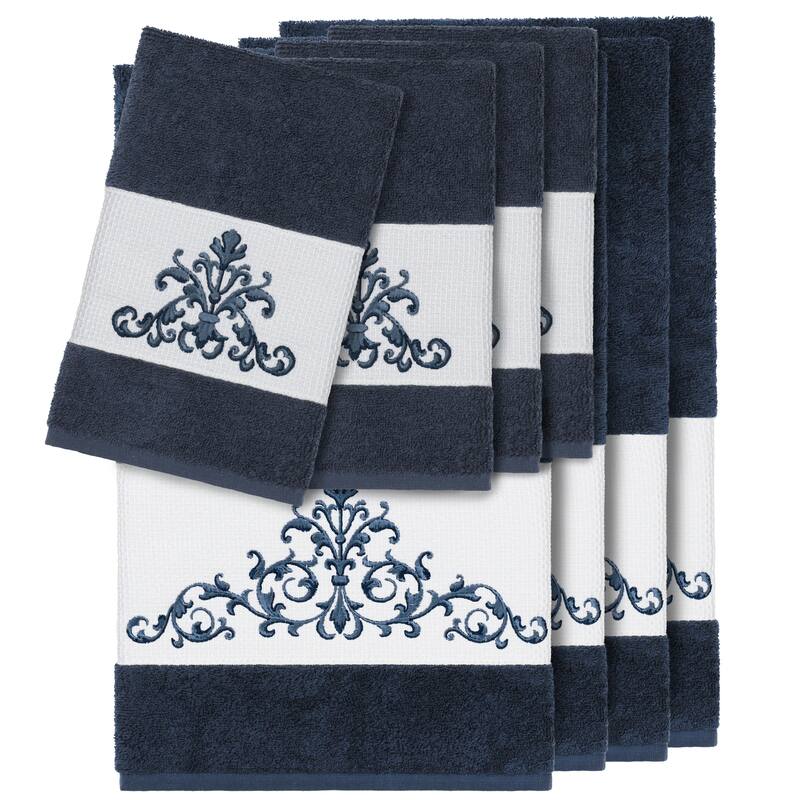 Authentic Hotel and Spa Midnight Blue Turkish Cotton Scrollwork Embroidered 8 piece Towel Set
