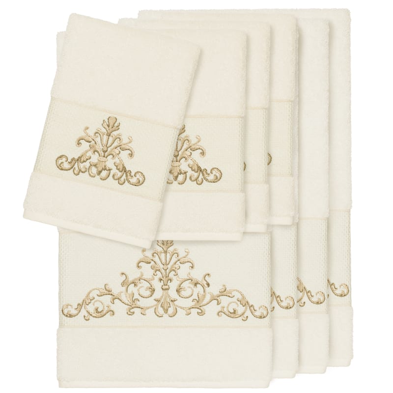 Authentic Hotel and Spa Cream Turkish Cotton Scrollwork Embroidered 8 piece Towel Set