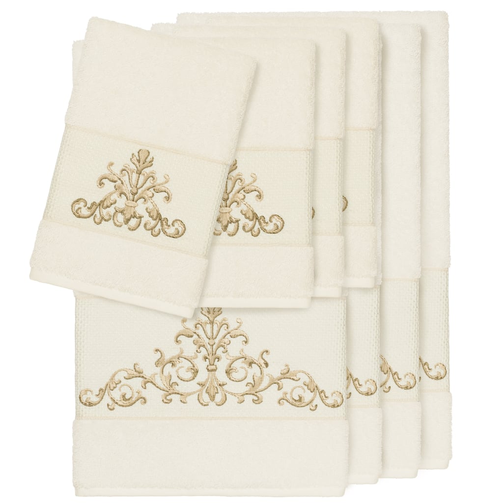 Authentic Hotel and Spa Cream Turkish Cotton Scrollwork Embroidered 8 piece Towel Set