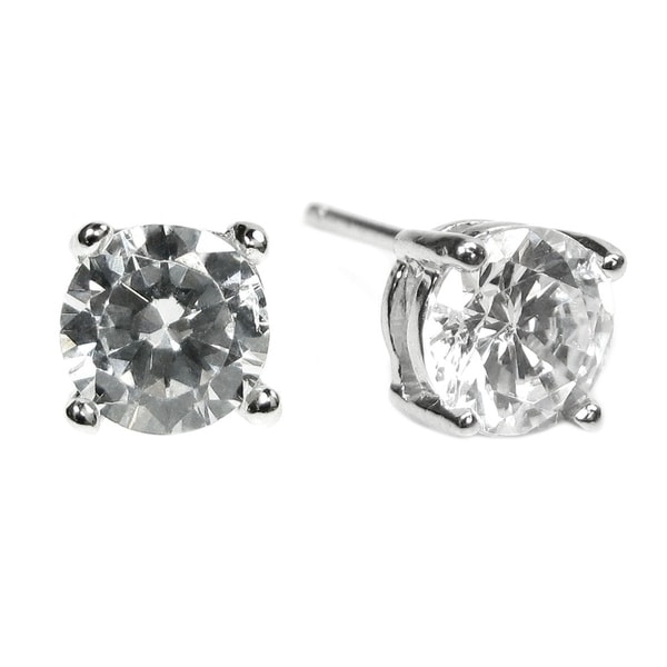 Rodhium On .925 Sterling Silver 6mm Round Clear Cz Crystal Stud Earring Post