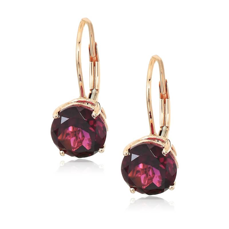 10k Yellow Gold Red Garnet Round Lever Dangle Earrings