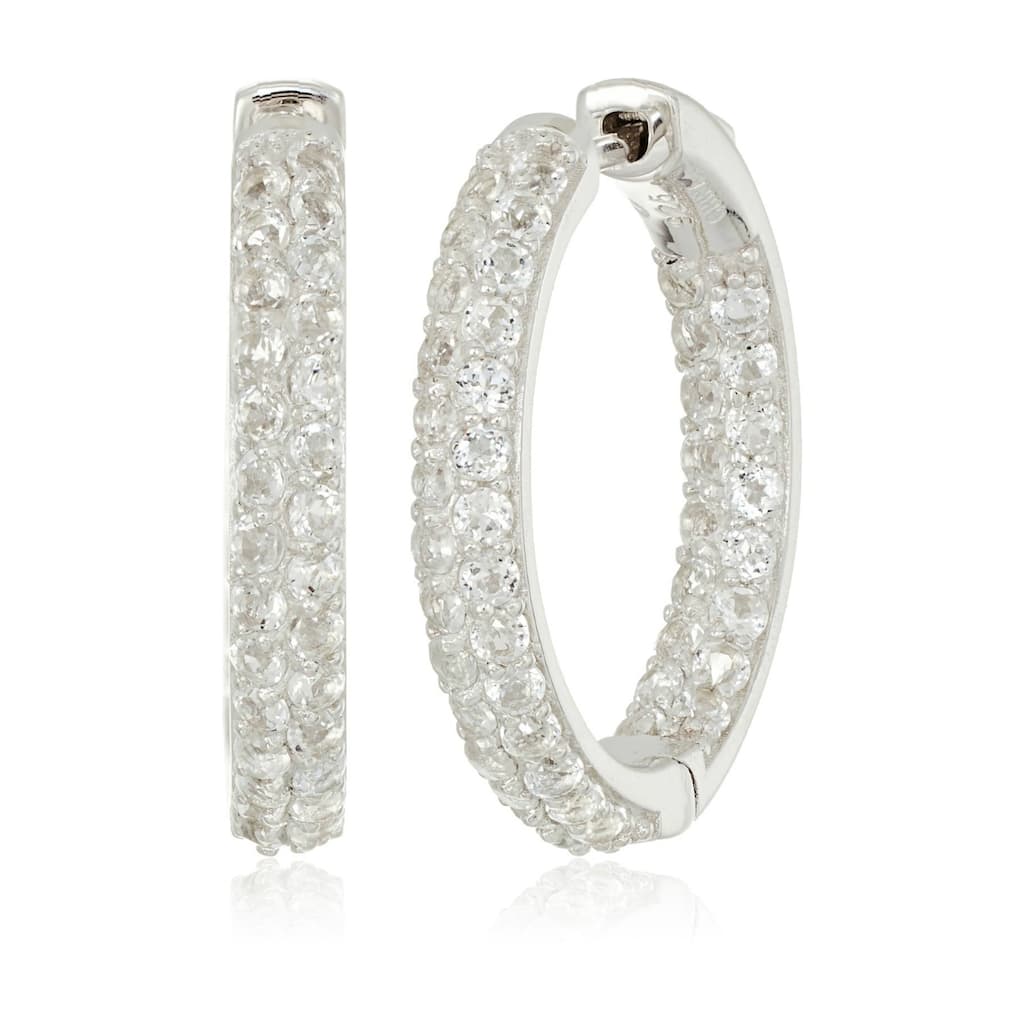 Sterling Silver White Topaz Round Hoop Earrings, 1"