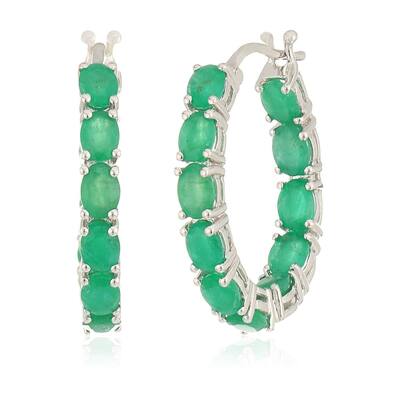 Sterling Silver Genuine Emerald Oval Inside Out Hoop Earrings, 0.75"