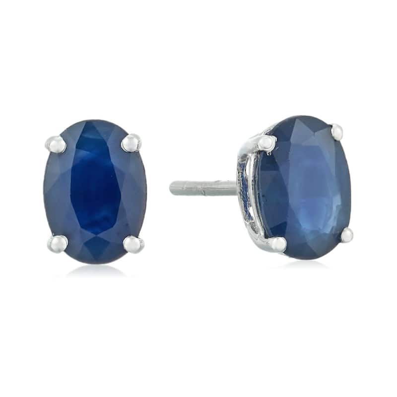 10k White Gold Genuine Blue Sapphire Oval Stud Earrings