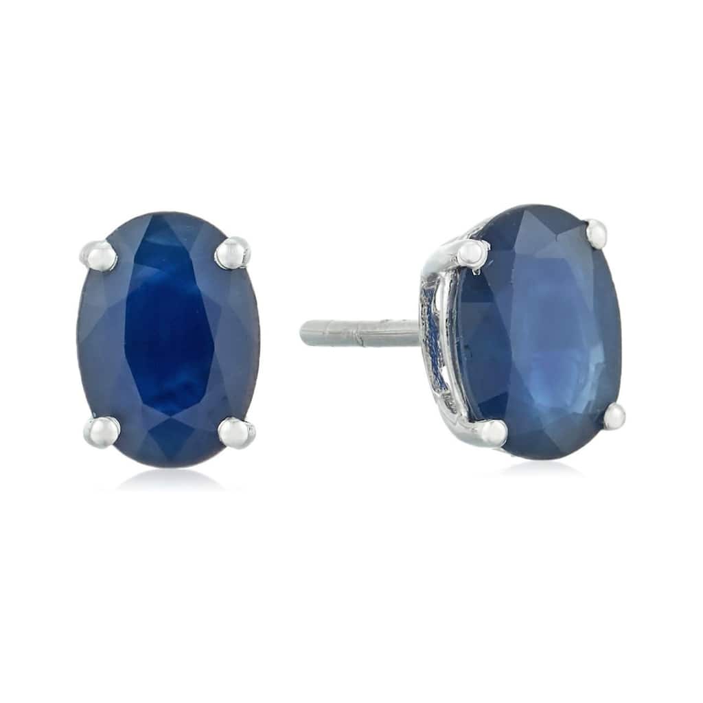 10k White Gold Genuine Blue Sapphire Oval Stud Earrings