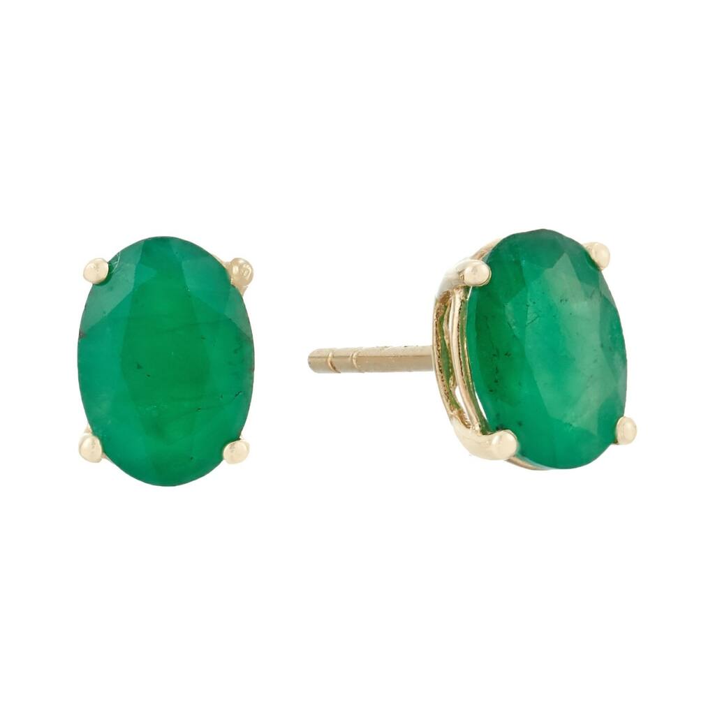 10k Yellow Gold Genuine Emerald Oval Stud Earrings