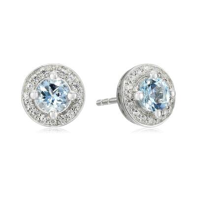 Sterling Silver Aquamarine Round Halo Stud Earrings