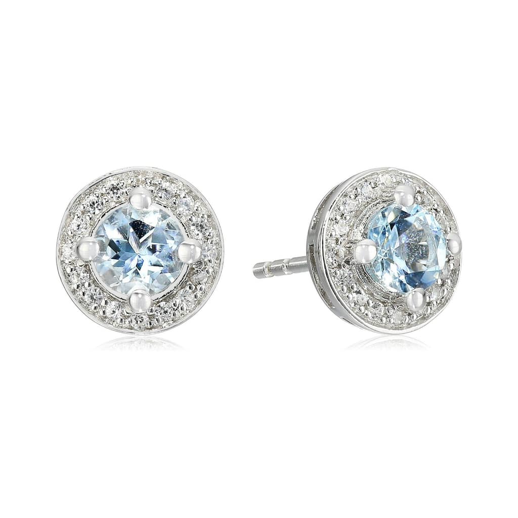 Sterling Silver Aquamarine Round Halo Stud Earrings