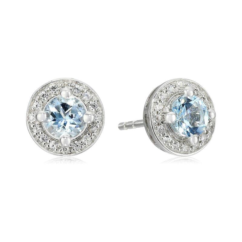 Sterling Silver Aquamarine Round Halo Stud Earrings