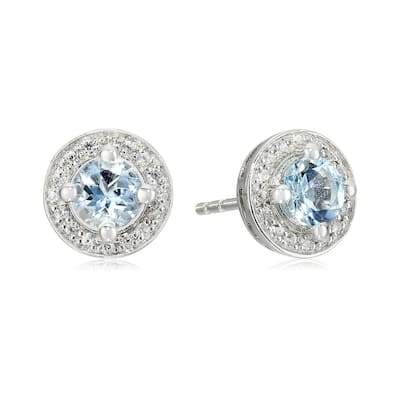 Sterling Silver Aquamarine Round Halo Stud Earrings