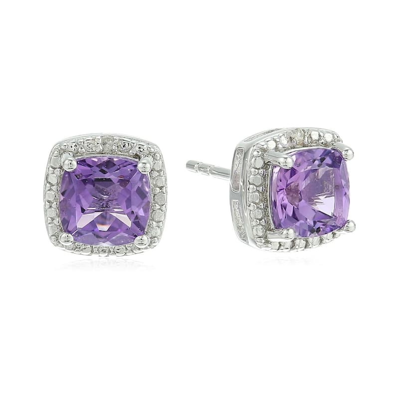 Sterling Silver Cushion Amethyst & Diamond Accented Halo Stud Earrings