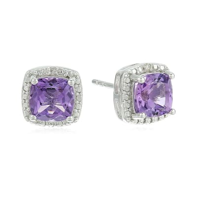 Sterling Silver Cushion Amethyst & Diamond Accented Halo Stud Earrings