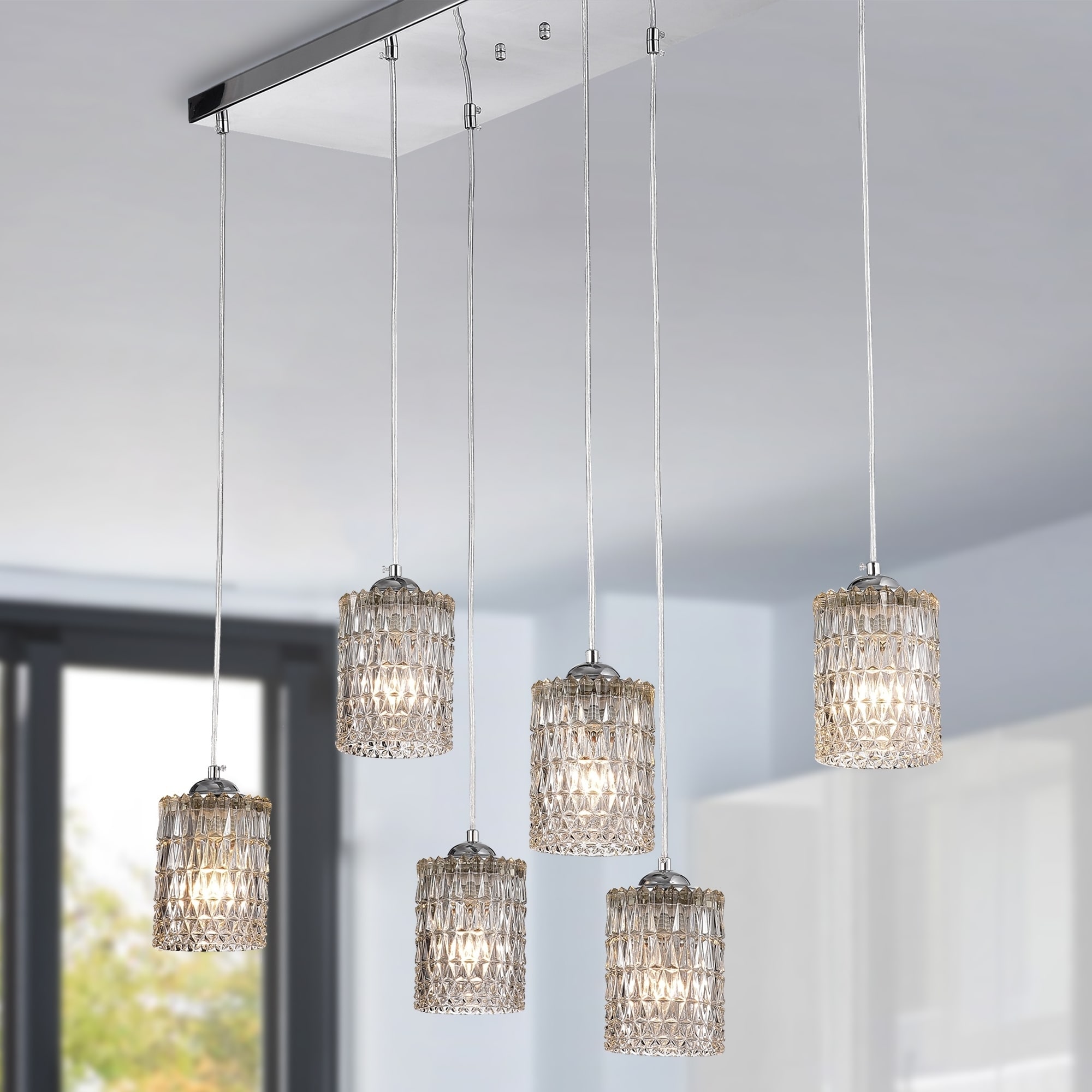 Warehouse of Tiffany Aldubon Chrome 6-Light Chandelier with Diamond Crystal Shades (Adjustable Height)