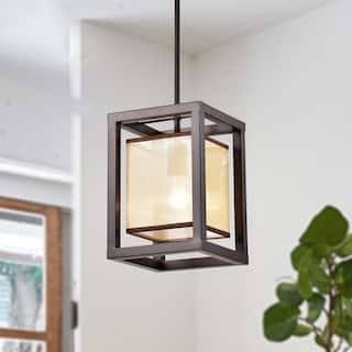 Sipafel Mini Faux Wood Grain 1-Light Metal Pendant with Fabric Inner Shade