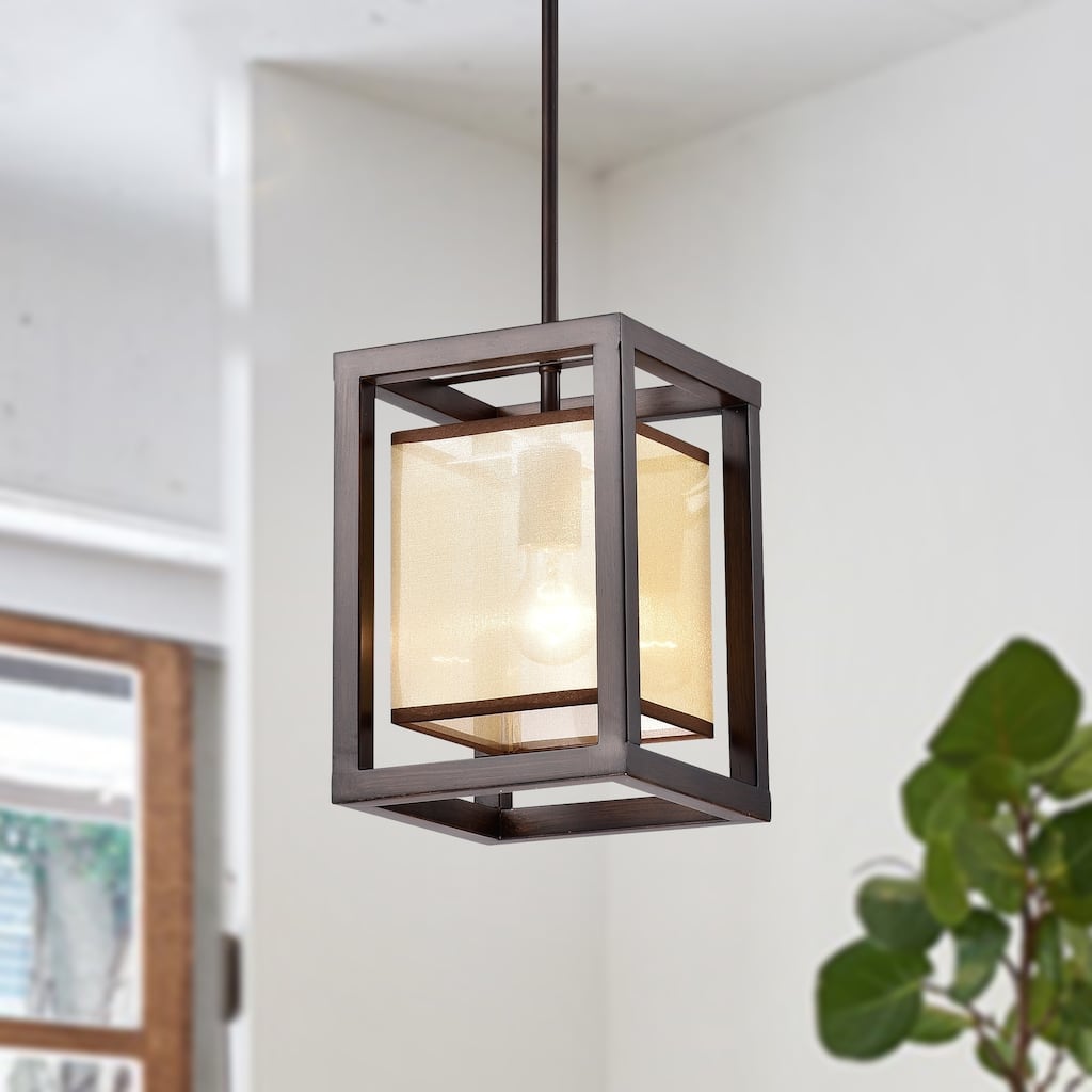 Sipafel Mini Faux Wood Grain 1-Light Metal Pendant with Fabric Inner Shade