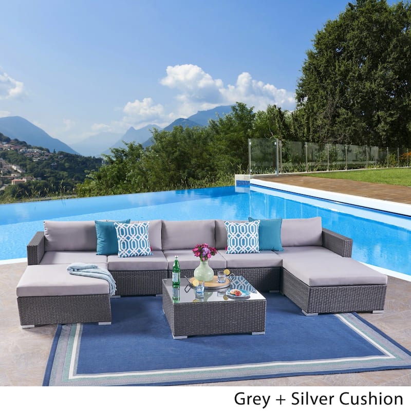 Santa Rosa Outdoor 5 Seater Wicker Sectional Sofa Set by Christopher Knight Home - grey + silver cushion