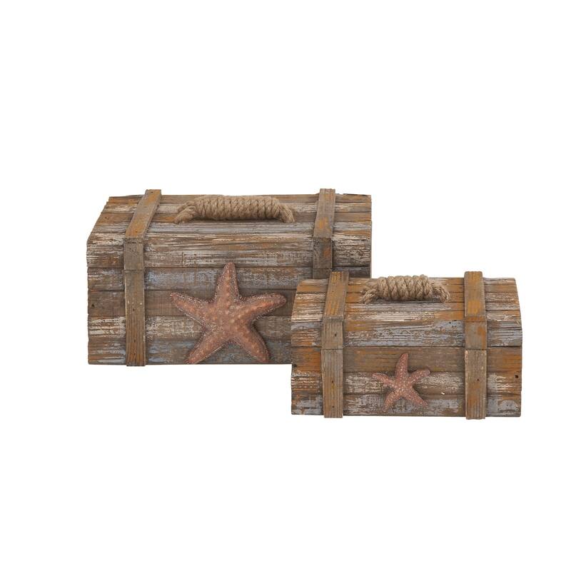 Brown Wood Handmade Distressed Starfish Decorative Box with Knotted Rope Details (Set of 2)