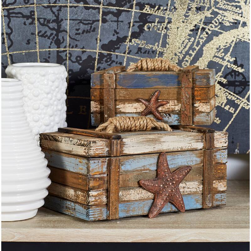 Brown Wood Handmade Distressed Starfish Decorative Box with Knotted Rope Details (Set of 2)