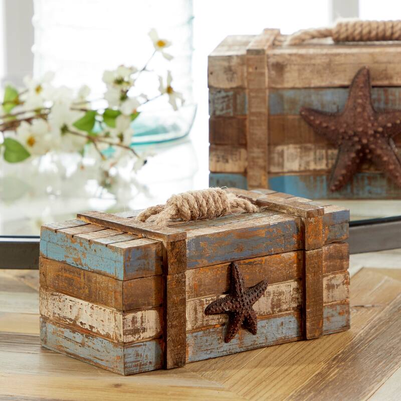 Brown Wood Handmade Distressed Starfish Decorative Box with Knotted Rope Details (Set of 2)