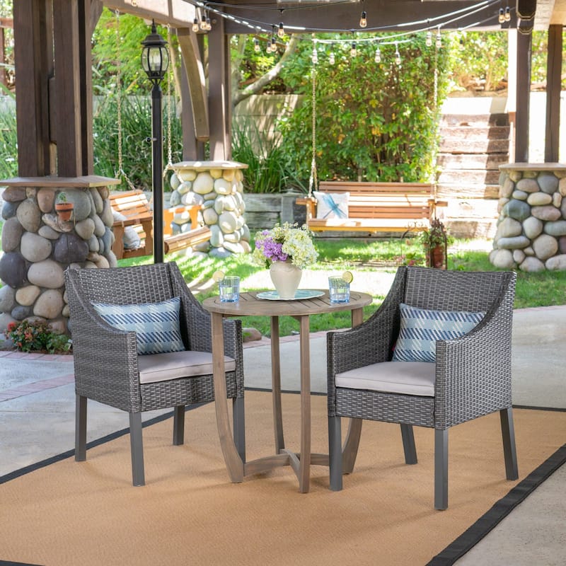 Jameson Outdoor 3 Piece Wicker Bistro Set by Christopher Knight Home - Gray Finish + Gray + Silver