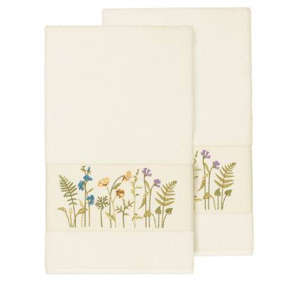 Authentic Hotel and Spa Cream Turkish Cotton Wildflowers Embroidered Bath Towels (Set of 2)