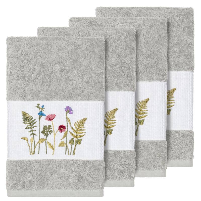 Authentic Hotel and Spa Grey Turkish Cotton Wildflowers Embroidered Hand Towels (Set of 4)