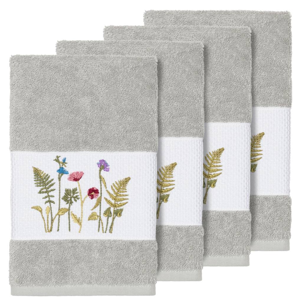 Authentic Hotel and Spa Grey Turkish Cotton Wildflowers Embroidered Hand Towels (Set of 4)