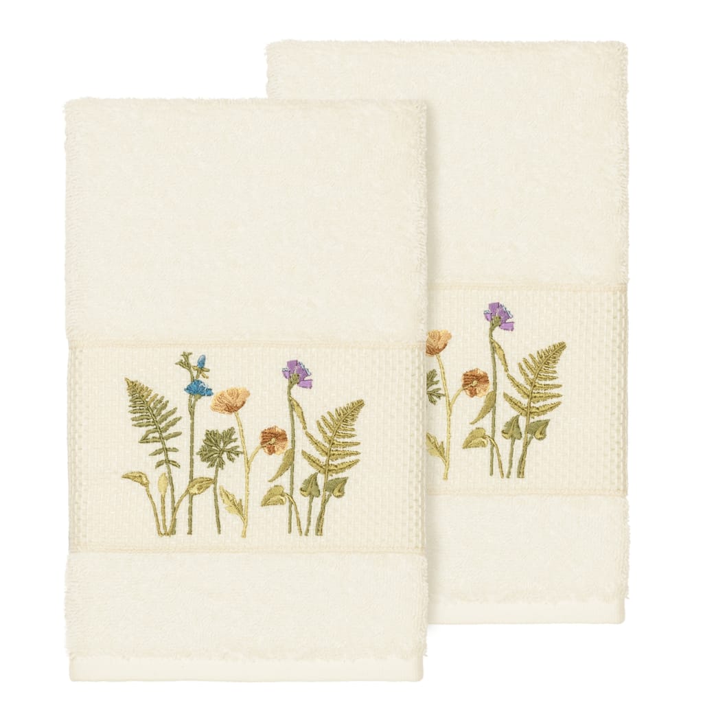 Authentic Hotel and Spa Cream Turkish Cotton Wildflowers Embroidered Hand Towels (Set of 2)