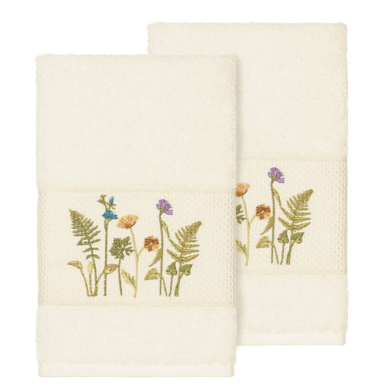Authentic Hotel and Spa Cream Turkish Cotton Wildflowers Embroidered Hand Towels (Set of 2)