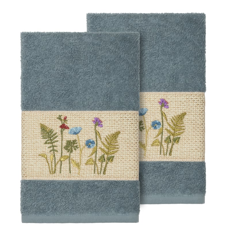 Authentic Hotel and Spa Teal Blue Turkish Cotton Wildflowers Embroidered Hand Towels (Set of 2)